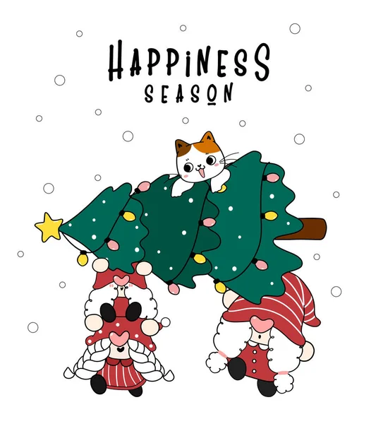 소나무 크리스마스 트리와 고양이 귀여운 벡터를 운반하는 Three Gnome — 스톡 벡터