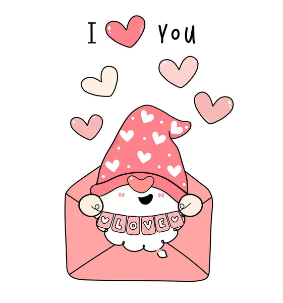Bonito Valentine Gnome Menino Rosa Carta Amor Com Bandeira Amor —  Vetores de Stock