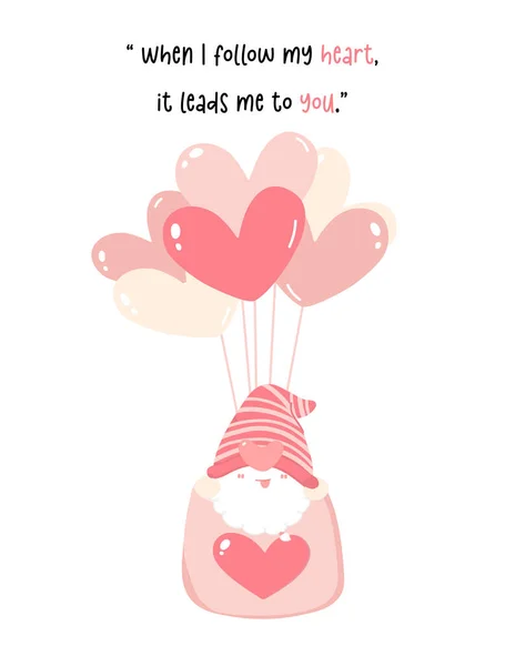 Kalp Şeklindeki Sevimli Valentine Gnome Balonları Çizgi Film Düz Vektörü — Stok Vektör