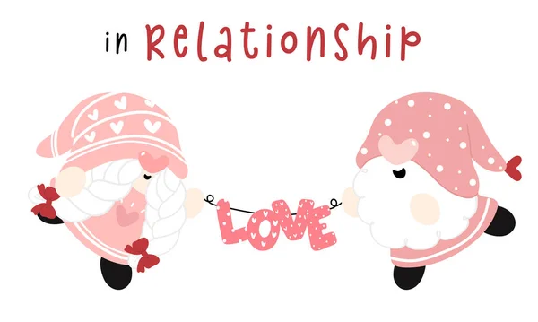 Cute Para Valentine Gnomes Związku Gospodarstwa Miłość Tekst Flaga Płaski — Wektor stockowy