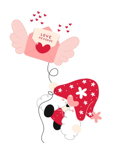 Linda Chica Gnomo Feliz Red Volando Con Carta Amor Lindo — Vector de stock