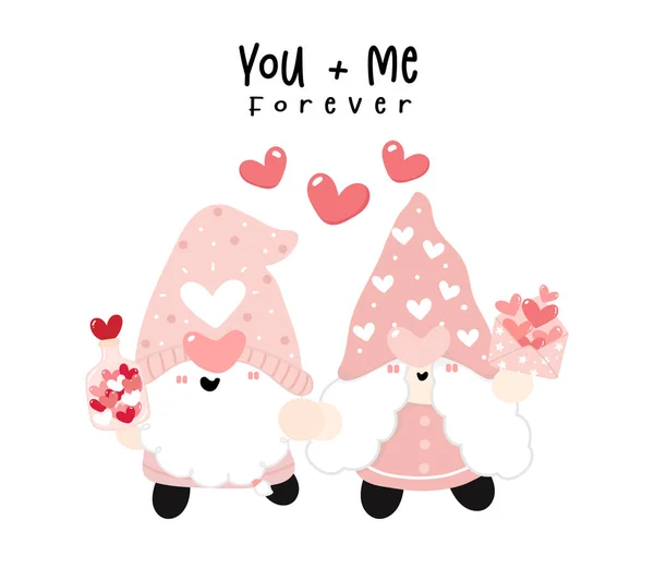 Sevimli Mutlu Çift Ele Tutuşan Iki Cüce Tatlı Valentine Gnome — Stok Vektör