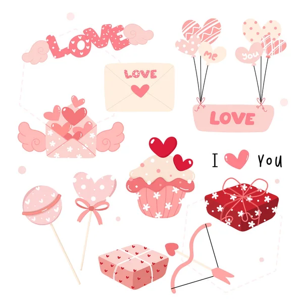 Roztomilý Láska Valentýn Dekorace Prvky Kolekce Plochý Design — Stockový vektor