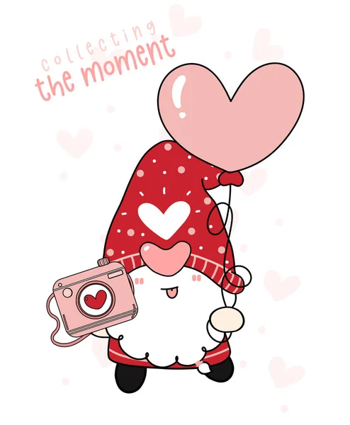 Aranyos Boldog Valentine Gnome Fiú Fényképezőgép Szív Alakú Léggömbök Összegyűjti — Stock Vector