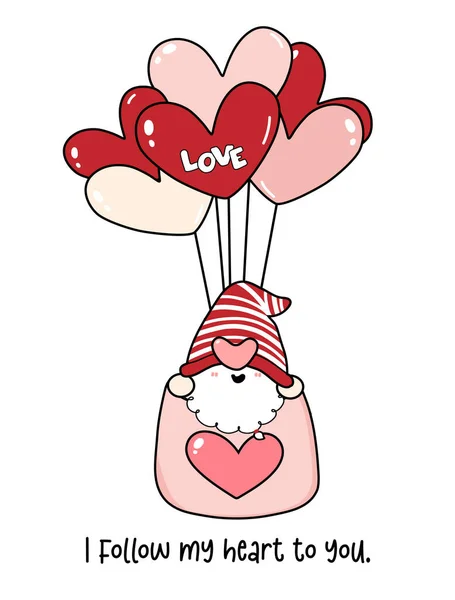 Bonito Valentine Gnomo Menino Forma Coração Balão Desenho Animado Outone — Vetor de Stock