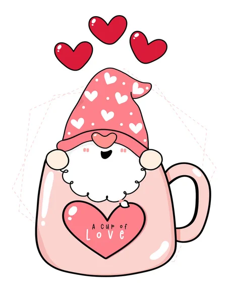 可愛いバレンタインGnome男の子でピンクコーヒーマグカップフラットベクトル漫画図面アウトラインイラスト — ストックベクタ