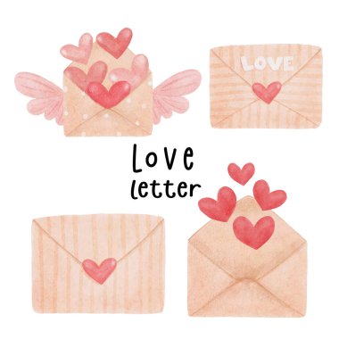 Syle çizgi filminde suluboya resim koleksiyonu çizen bir grup aşk mektubu.