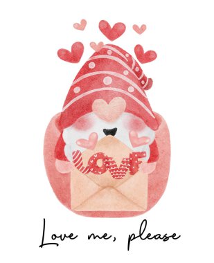 Pembe kahve fincanında aşk mektubu olan sevimli kırmızı cüce suluboya çizgi film el boyası, sev beni lütfen.