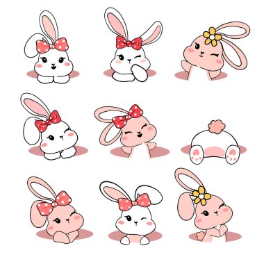 Bir grup sevimli beyaz yavru tavşan delik koleksiyonunda, neşeli hayvan çizgi filmi el çizim vektörü, tatlı küçük kız tavşan