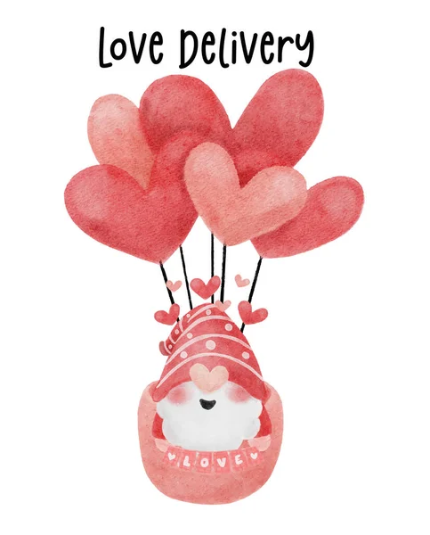 Χαριτωμένο Κόκκινο Αγόρι Gnome Στην Αγάπη Μπαλόνια Σχήμα Καρδιάς Υδατογραφία — Διανυσματικό Αρχείο