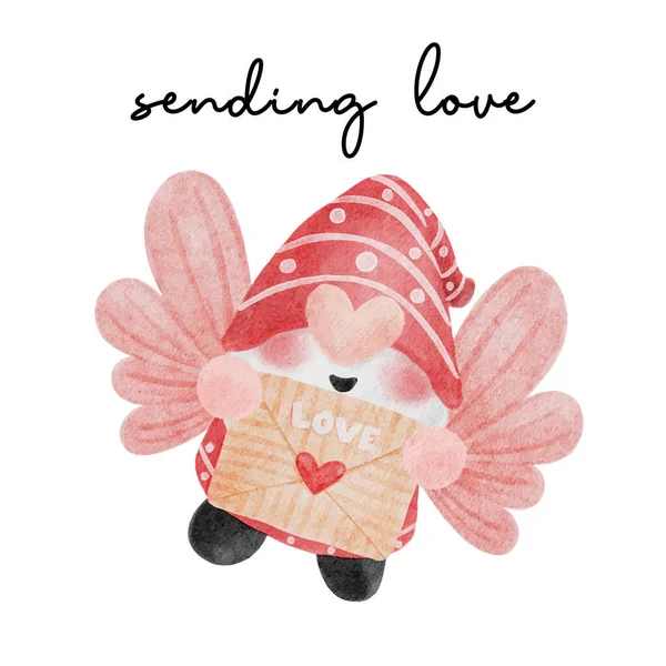 Милый Красный Gnome Отправка Любовного Письма Акварель Вектор Ручной Живописи — стоковый вектор