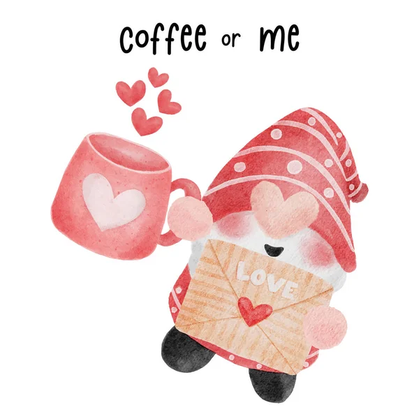 Bonito Gnome Vermelho Com Carta Amor Rosa Amor Copo Café — Vetor de Stock