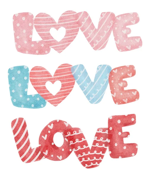 かわいい愛の言葉テキストコレクションの複数のスタイルの漫画水彩ベクトル手描き ピンクと複数の色の愛のアルファベットのグループ — ストックベクタ