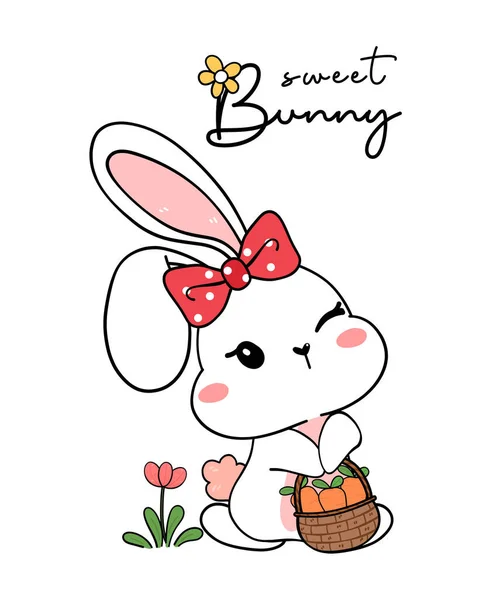 Милый Сладкий Счастливый Белый Кролик Кролик Красной Бабочкой Ходлинга Морковь — стоковый вектор