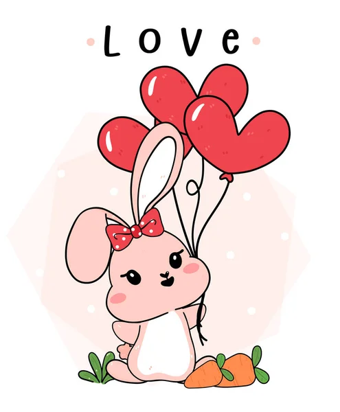 Lindo Conejo Bebé Conejo Rosa Con Globos Forma Corazón Dibujo — Vector de stock