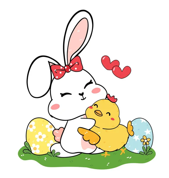 Mignon Lapin Blanc Lapin Étreinte Bébé Poulet Souriant Célébration Pâques — Image vectorielle