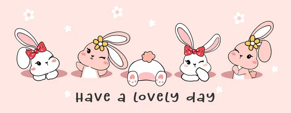 Група Милих Щасливий Білий Кролик Кролик Лунці Чудовий День Мультиплікаційний — стоковий вектор