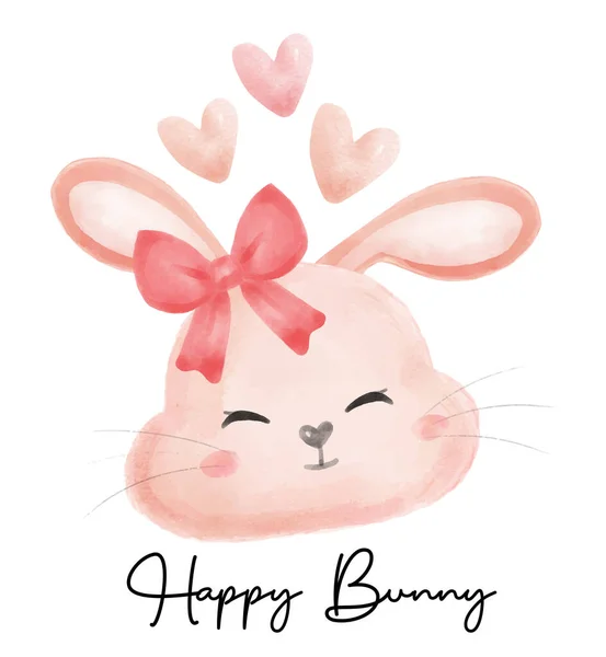 Милый Кролик Кролик Улыбка Лицо Сердечками Мультяшный Вектор Акварели Счастливый — стоковый вектор
