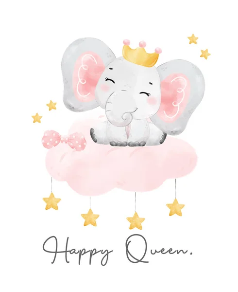 Cute Baby Elephant Queen Gir Crownl Pink Sitting Cloud Nursery — стоковый вектор