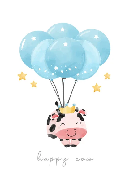 Милая Счастливая Корова Плавающий Небе Голубой Группой Воздушных Шаров Ребенок — стоковый вектор