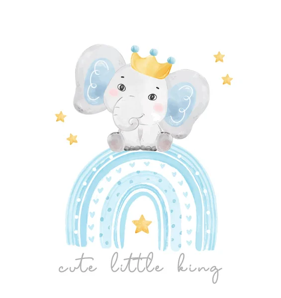 cute little king baby blue boy elephant sitting on blue rainbow, baby shower birthday animal watercolor hand drawn vector