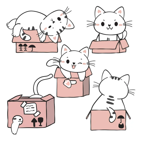 Pembe Karton Kutular Içinde Sevimli Eğlenceli Beyaz Kedicik Sevimli Çizgi — Stok Vektör
