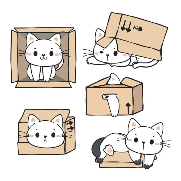 Ładny Zabawny Biały Kotek Kot Kartonowych Pudełkach Kolekcja Uroczy Kot — Wektor stockowy