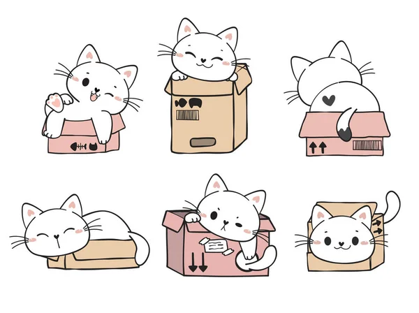 Lindo Divertido Juguetón Gatito Blanco Gatos Cajas Cartón Colección Adorable — Vector de stock