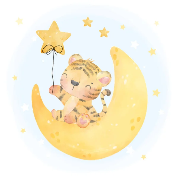 Söt Baby Unge Tiger Sitter Halvmåne Med Stjärna Ballong Akvarell — Stock vektor