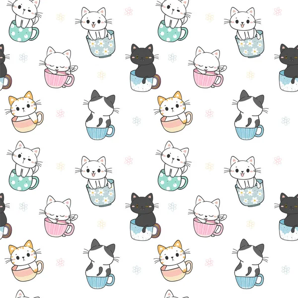 Seamless Pattern Background Cute Kitten Cat Coffee Cup Tea Mug — Stock Vector