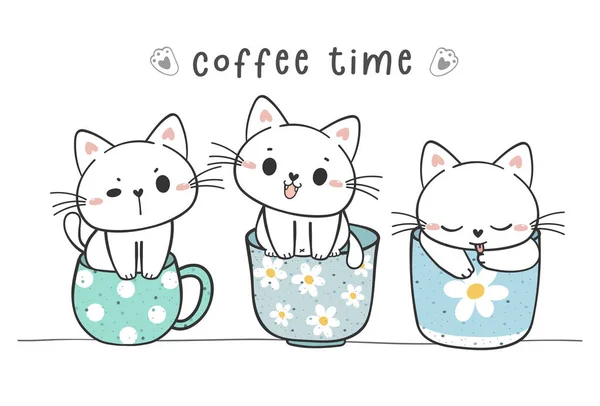 Grupo Gatinhos Engraçados Bonitos Sentados Coleção Caneca Xícara Café Adorável — Vetor de Stock