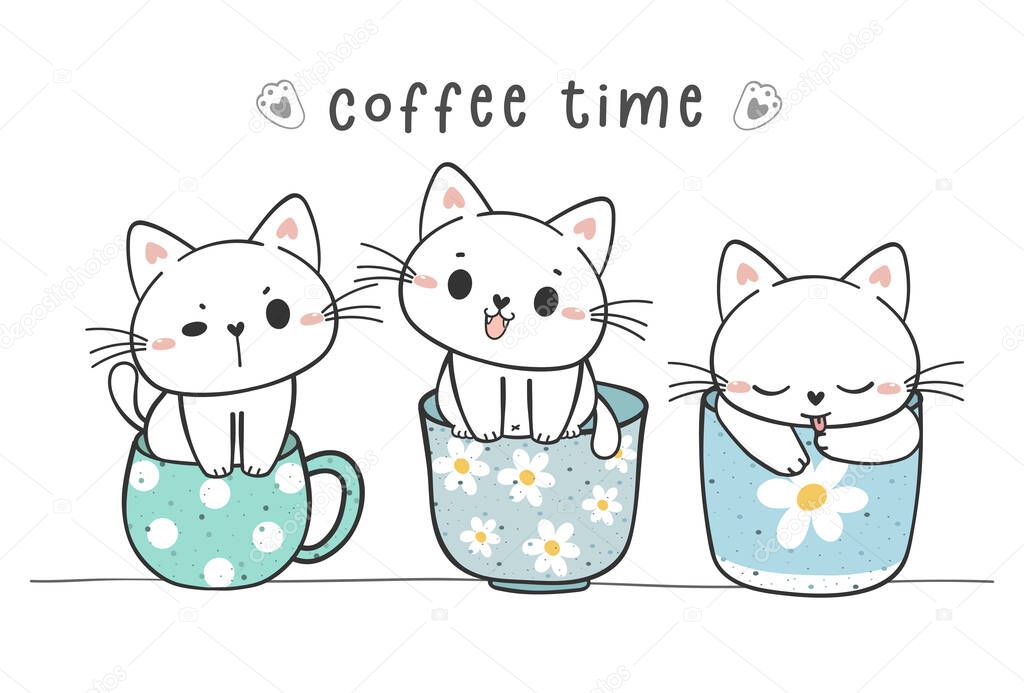 Group of cute funny kitten cats sitting in coffee cup mug collection, adorable animal pet hand drawing doodle vector