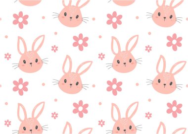 Şirin pembe tavşancık yüzü çiçek desenli beyaz arka planda izole edilmiş, fidanlık hayvan eli çizim vektörü