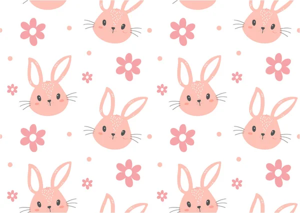 Cute Pink Bunny Rabbit Face Floral Pattern Seamless Isolated White — Stockvektor