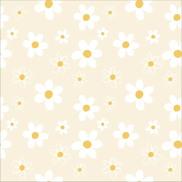 Cute White Daisy Flowers Pattern Seamless Background Isolated Light Cream — Stock Vector