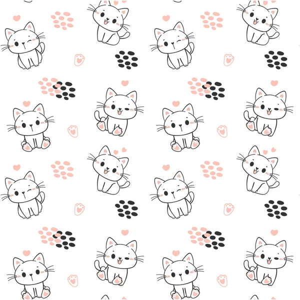 Seamless Pattern Background Ute Happy Smile Kitten Cat Sitting Cartoon — Stockvektor