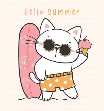 Yazın sörf tahtası olan sevimli, komik kedi yavrusu dondurma yiyor, yazı seviyorum, sevimli hayvan eli karalama vektörü çiziyor.