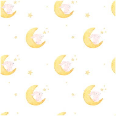 Beyaz arkaplan illüstrasyon vektörüne izole edilmiş bebek odası el resmi, hilal ay boyası üzerinde pürüzsüz arka plan şirin pembe tavşan.