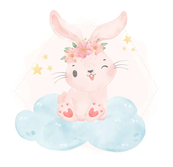 Милый Розовый Кролик Кролик Сидит Облаке Акварели Живописи Детская Рука — стоковый вектор