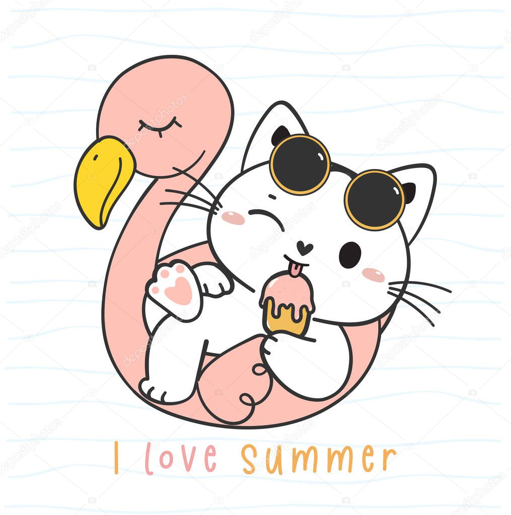 cute funny kitten cat in flamingo swim ring having popsicle,  I love summer, adorable animal pet hand drawing doodle vector