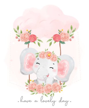 cute sweet baby elephant pink girl adorable smile sitting on flower swing, watercolor animal cartoon han drawn illustration 