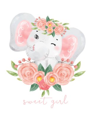 cute sweet baby elephant girl adorable smile sit in flower bouquet, watercolor animal cartoon han drawn illustration 