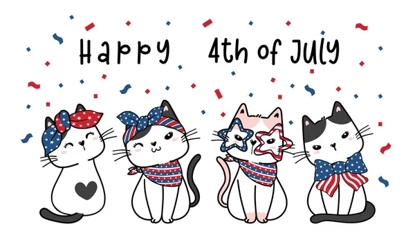 Group Happy 4Th July Cute Kitten Cat Cartoon Vector — Διανυσματικό Αρχείο