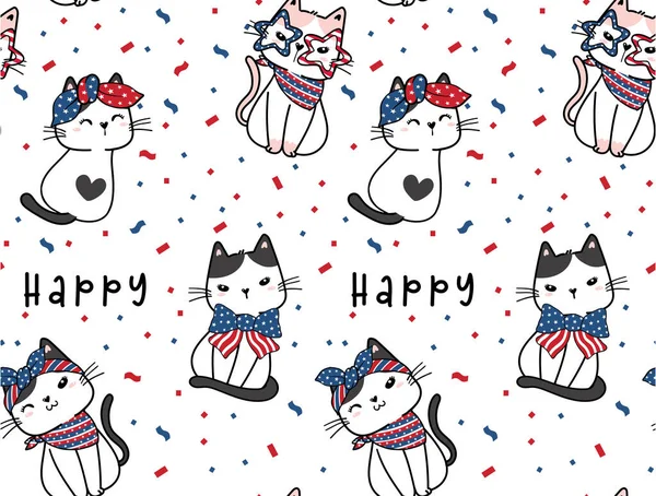 Pattern Seamless Background Happy 4Th July Cute Kitten Cat Cartoon — Stockvektor