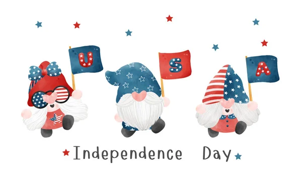 Three 4Th July Gnome Patriotic Holding Usa Flag America Independence — Διανυσματικό Αρχείο