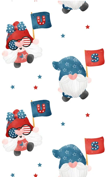 Pattern Seamless Background 4Th July Gnome Patriotic Holding Usa Flag — Διανυσματικό Αρχείο