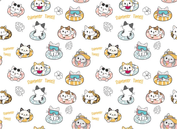 Pattern Seamless Background Cute Funny Kitten Cat Swimming Ring Summer — Archivo Imágenes Vectoriales