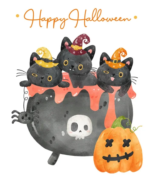 Cute Watercolor Animal Baby Black Kitten Cats Poison Witch Cauldron — Stock Vector
