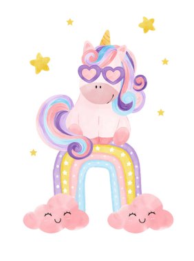 Cute watercolor magical purple baby Unicorn with heart glasses sitting on rainbow, cartoon doodle vector illustration, nursery style