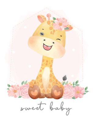 cute watercolor sweet floral baby giraffe wildlife safari animal hand drawn painting illustration vector